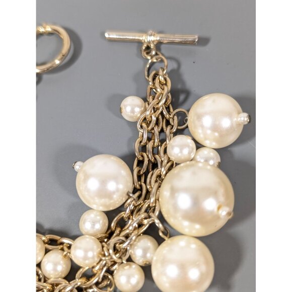 Retro Faux Pearl Charm Triple Chain ChaCha Bracelet Gold Tone Elegant 7" - Picture 4 of 11